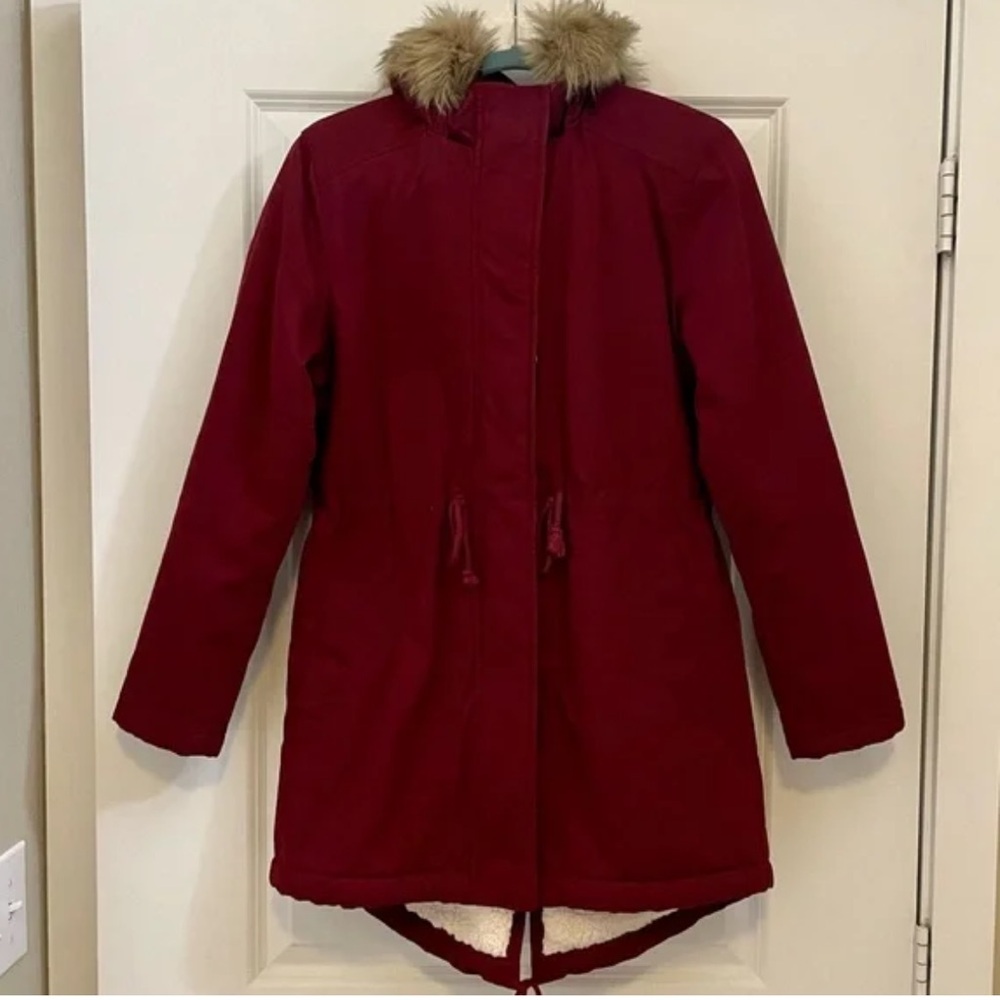 GAP Women's Burgundy Utility Jacket with Faux Fur Hood